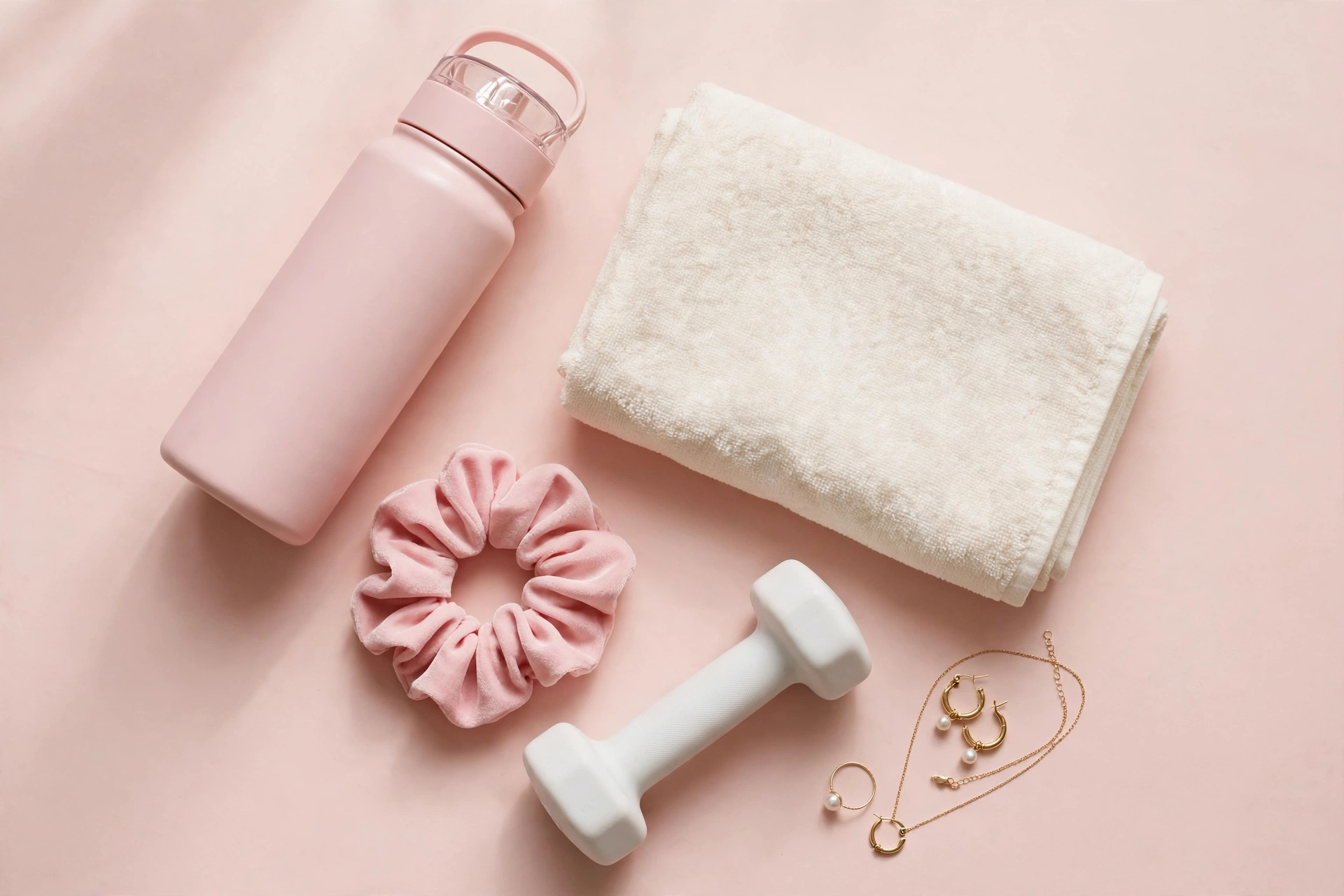 Blush gym essentials: water bottle, towel, scrunchie and dumbbell