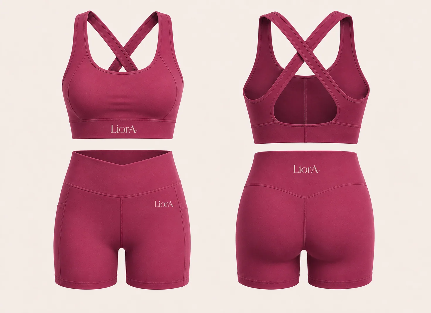 LiorA Set 01 short set in Berry Pink, front and back