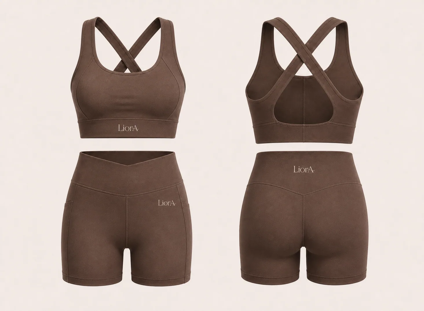 LiorA Set 01 short set in Cocoa Brown, front and back