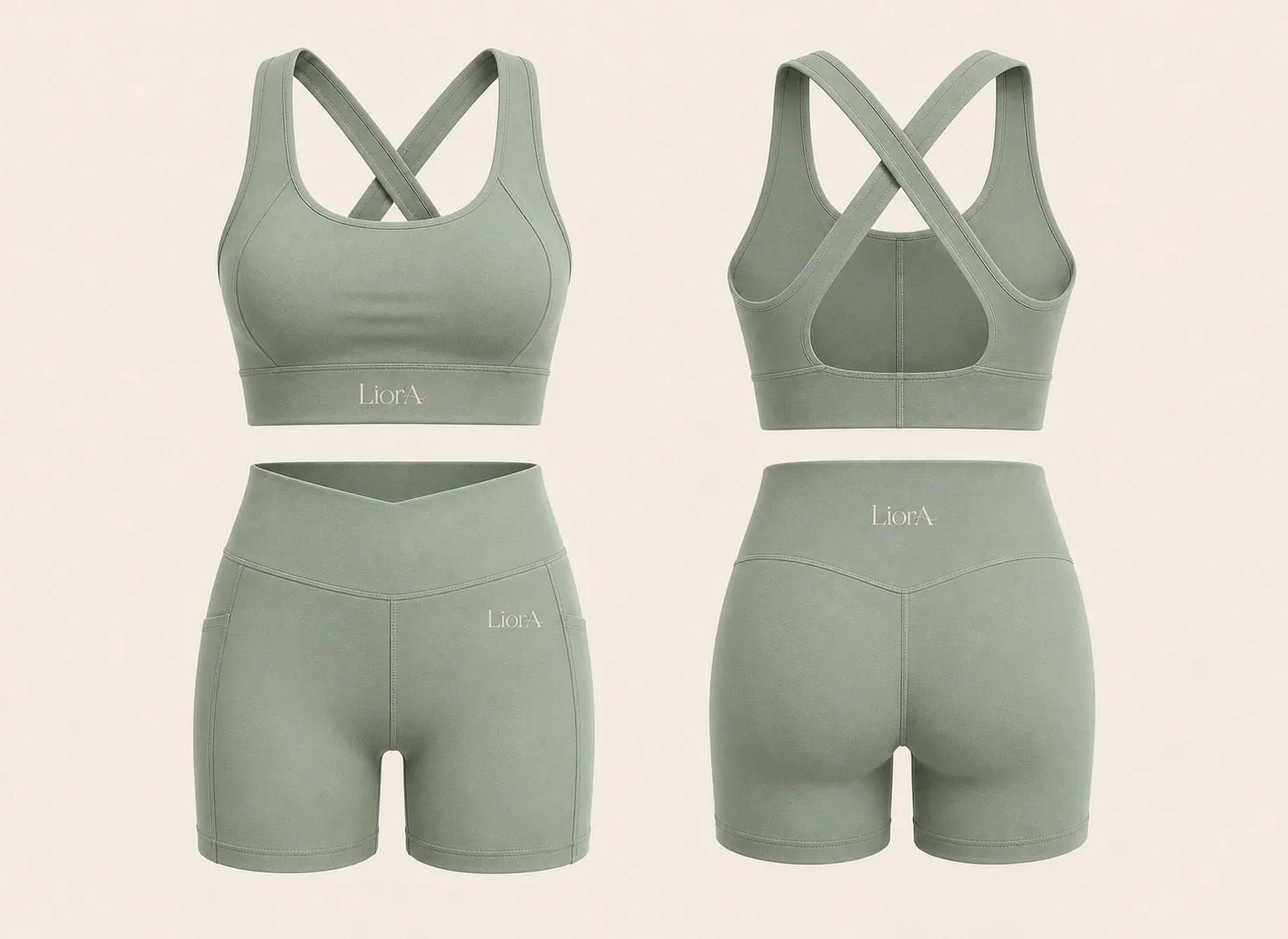 LiorA Set 01 short set in Muted Sage, front and back