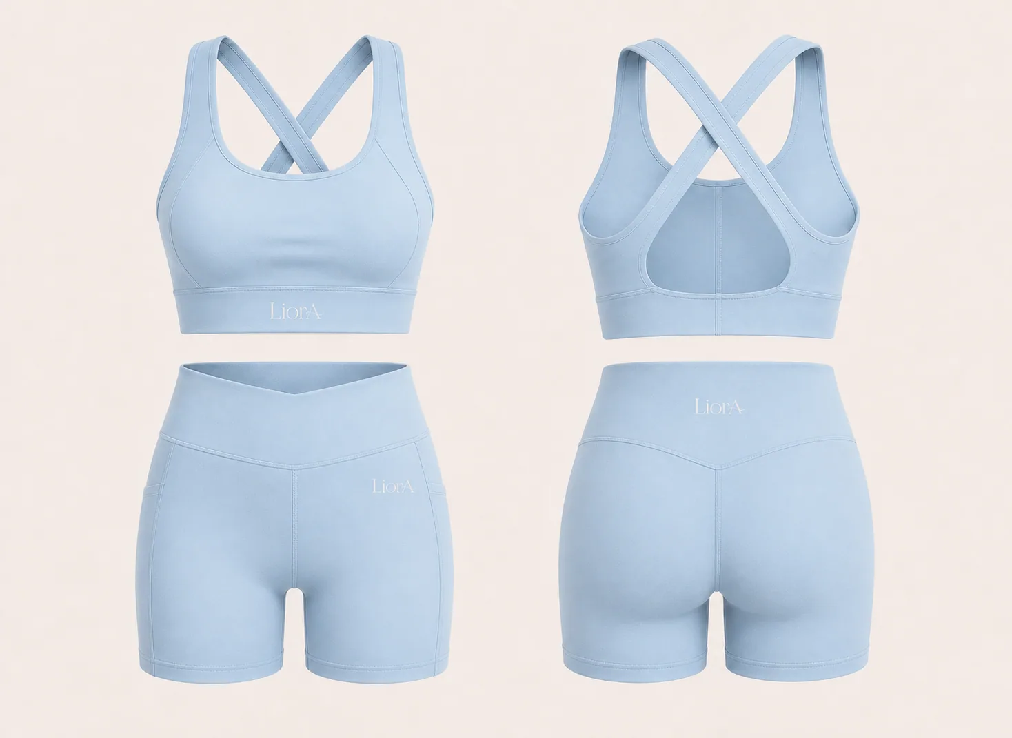 LiorA Set 01 short set in Sky Blue, front and back